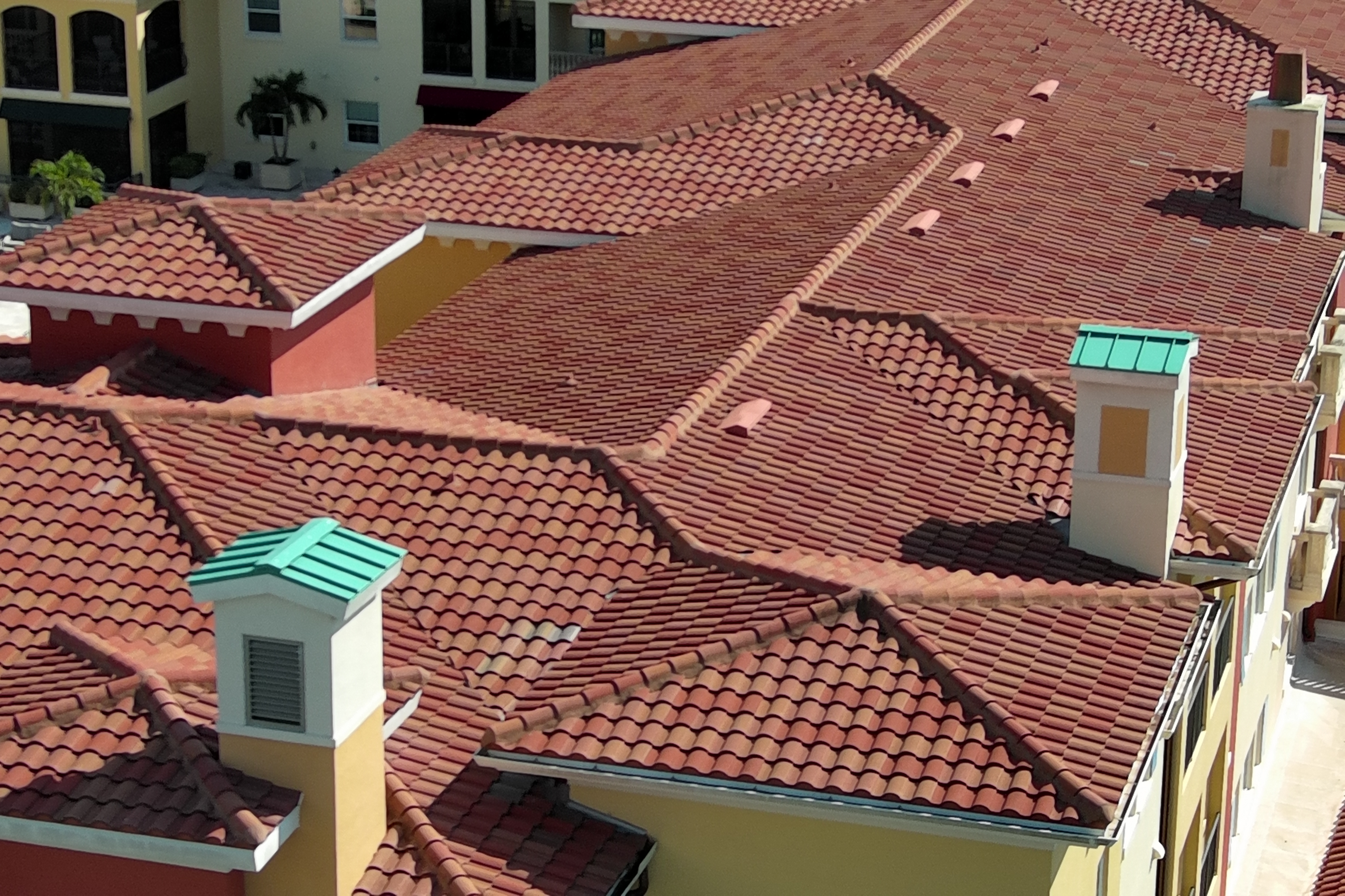 Aerial view of residential tile roofing system